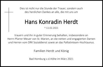 Traueranzeige von Hans Konradin Herdt von FNP