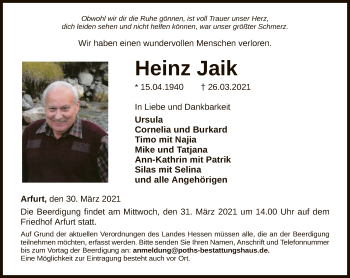 Traueranzeige von Heinz Jaik von FNP