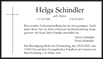 Traueranzeige von Helga Schindler von FNP