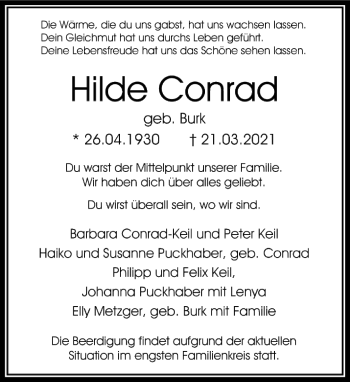 Traueranzeige von Hilde Conrad von FNP