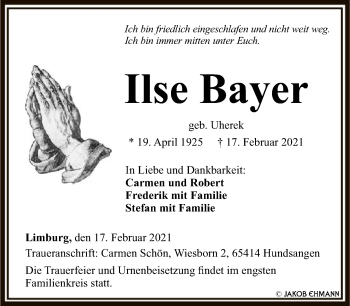 Traueranzeige von Ilse Bayer von FNP