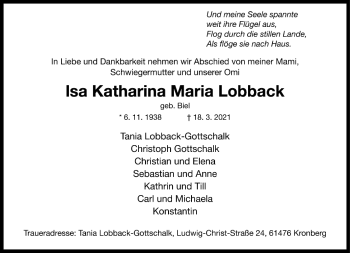 Traueranzeige von Isa Katharina Maria Lobback von FNP