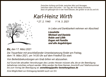 Traueranzeige von Karl-Heinz Wirth von FNP