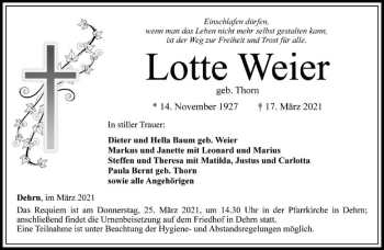 Traueranzeige von Lotte Weier von FNP