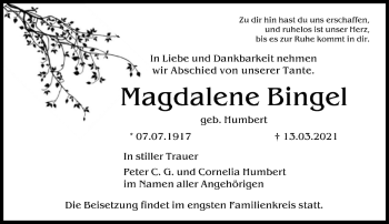 Traueranzeige von Magdalene Bingel von FNP