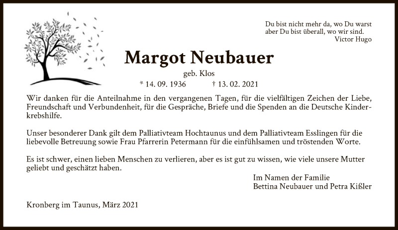  Traueranzeige für Margot Neubauer vom 13.03.2021 aus FNP