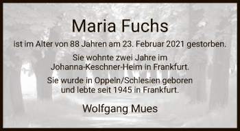 Traueranzeige von Maria Fuchs von FNP