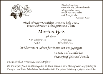 Traueranzeige von Marina Geis von FNP