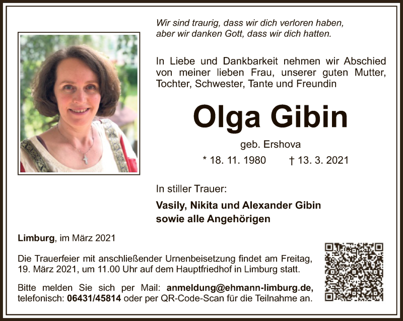  Traueranzeige für Olga Gibin vom 16.03.2021 aus FNP