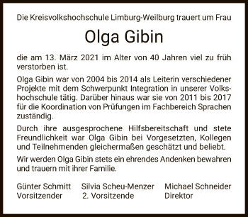 Traueranzeige von Olga Gibin von FNP