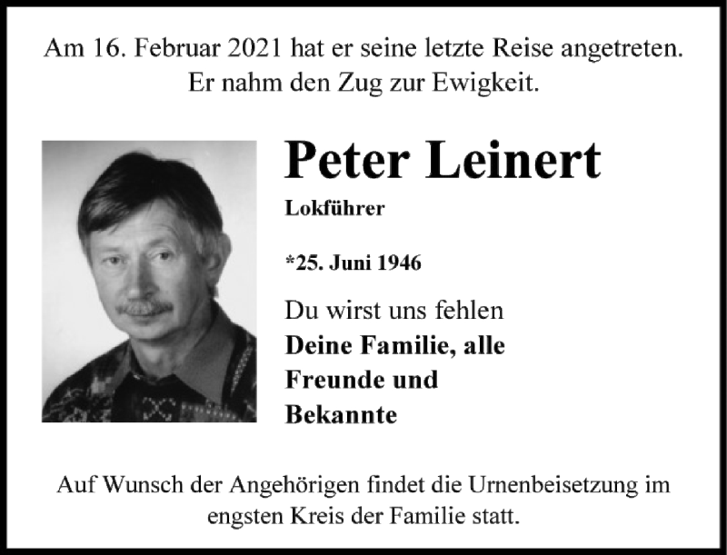 Traueranzeige für Peter Leinert vom 10.03.2021 aus FNP