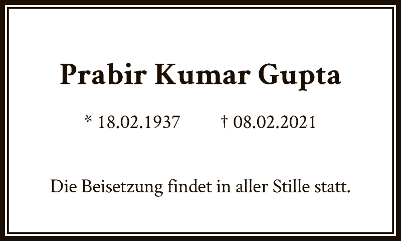  Traueranzeige für Prabir Kumar Gupta vom 01.03.2021 aus FNP