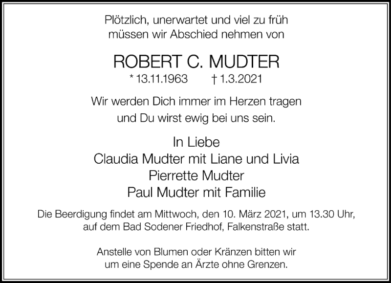  Traueranzeige für Robert C. Mudter vom 06.03.2021 aus FNP