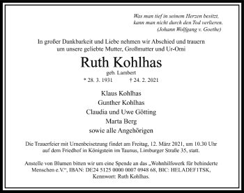 Traueranzeige von Ruth Kohlhas von FNP