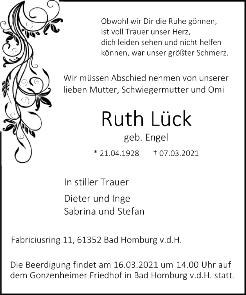  Traueranzeige für Ruth Lück vom 13.03.2021 aus FNP