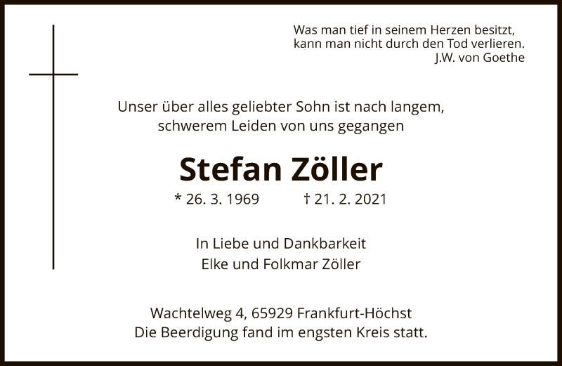  Traueranzeige für Stefan Zöller vom 03.03.2021 aus FNP