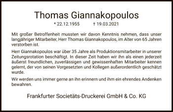 Traueranzeige von Thomas Giannakopoulos von FNP