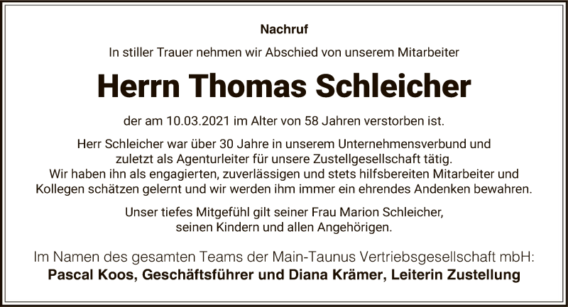  Traueranzeige für Thomas Schleicher vom 20.03.2021 aus FNP