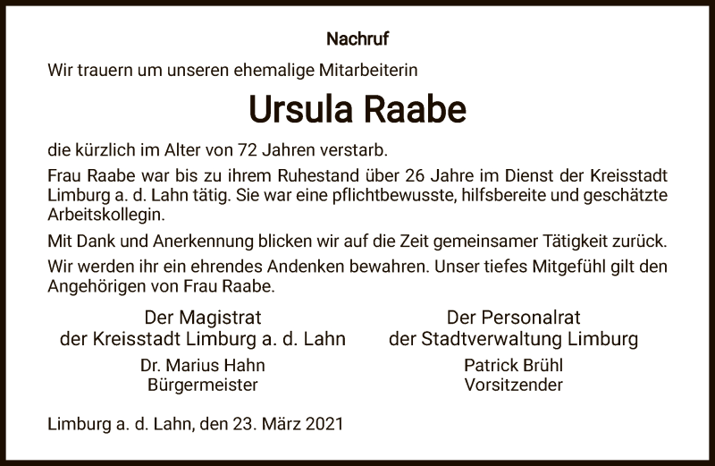  Traueranzeige für Ursula Raabe vom 25.03.2021 aus FNP