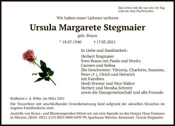 Traueranzeige von Ursula Margarete Stegmaier von FNP