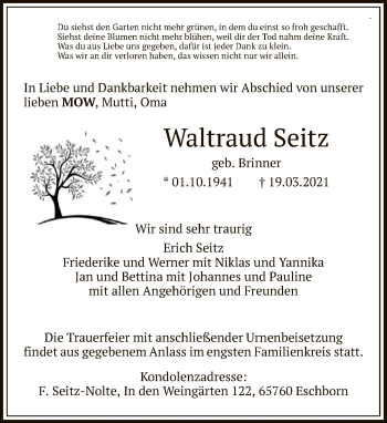 Traueranzeige von Waltraud Seitz von FNP