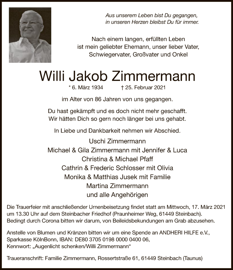  Traueranzeige für Willi Jakob Zimmermann vom 06.03.2021 aus FNP