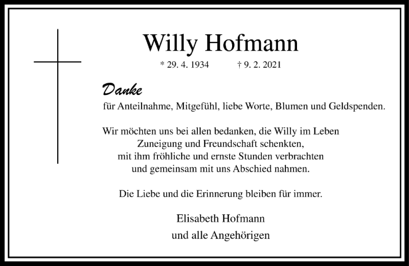  Traueranzeige für Willy Hofmann vom 27.03.2021 aus FNP