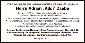 Traueranzeige von Adrian Zsebe von FNP