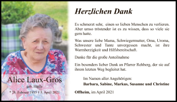 Traueranzeige von Alice Laux-Gros von FNP