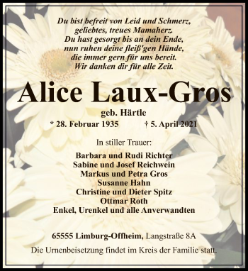 Traueranzeige von Alice Laux-Gros von FNP