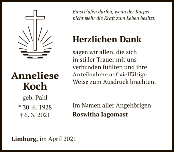 Traueranzeige von Anneliese Koch von FNP