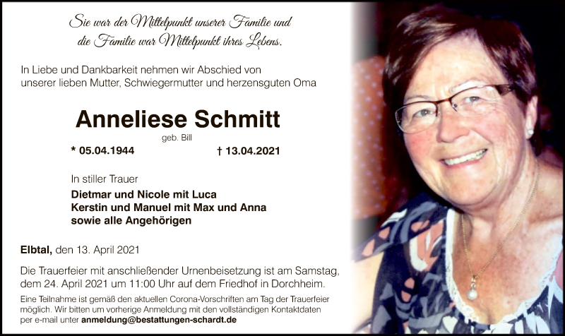  Traueranzeige für Anneliese Schmitt vom 17.04.2021 aus FNP