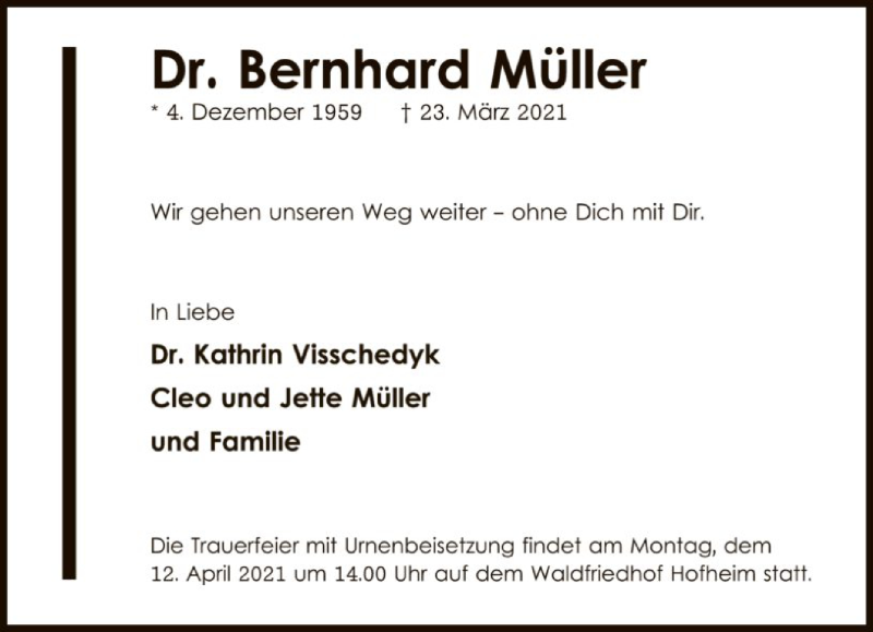  Traueranzeige für Bernhard Müller vom 03.04.2021 aus FNP