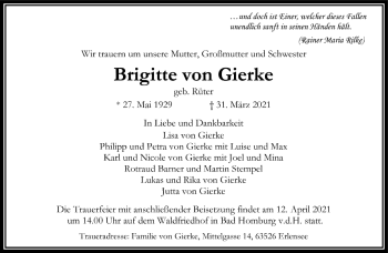 Traueranzeige von Brigitte von Gierke von FNP