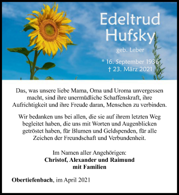 Traueranzeige von Edeltrud Hufsky von FNP