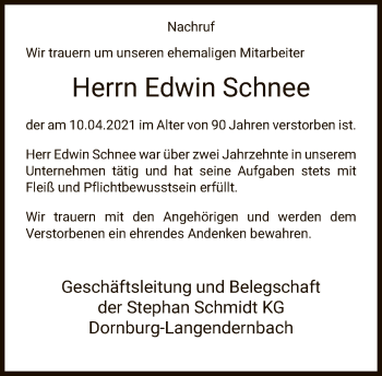 Traueranzeige von Edwin Schnee von FNP