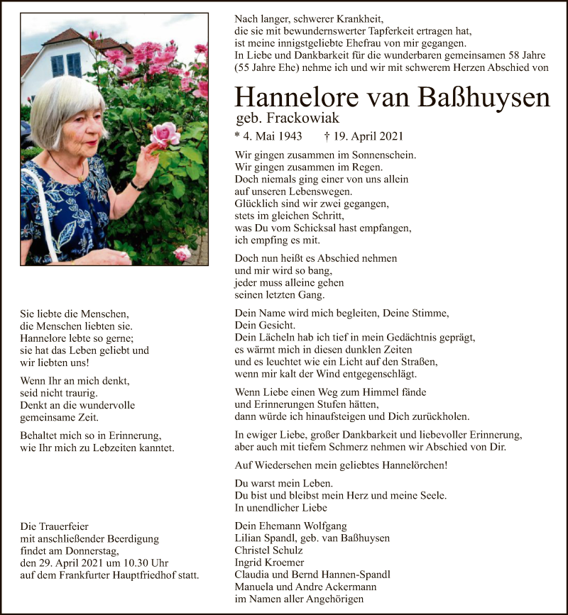  Traueranzeige für Hannelore van Baßhuysen vom 24.04.2021 aus FNP