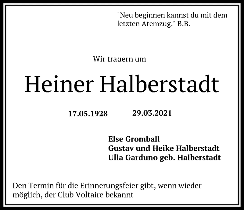  Traueranzeige für Heiner Halberstadt vom 03.04.2021 aus FNP