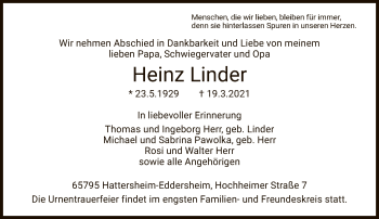 Traueranzeige von Heinz Linder von FNP