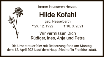 Traueranzeige von Hilde Kofahl von FNP