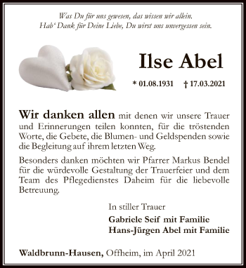 Traueranzeige von Ilse Abel von FNP