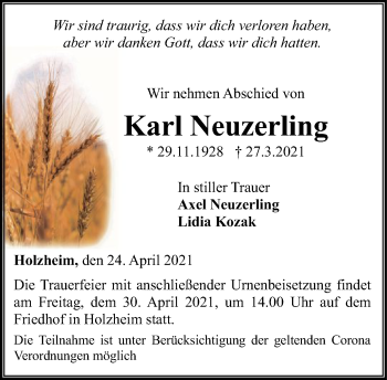 Traueranzeige von Karl Neuzerling von FNP