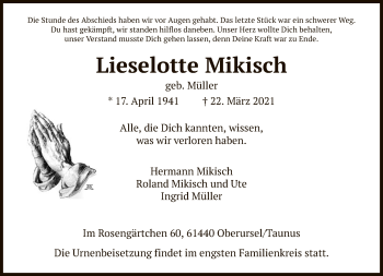 Traueranzeige von Lieselotte Mikisch von FNP