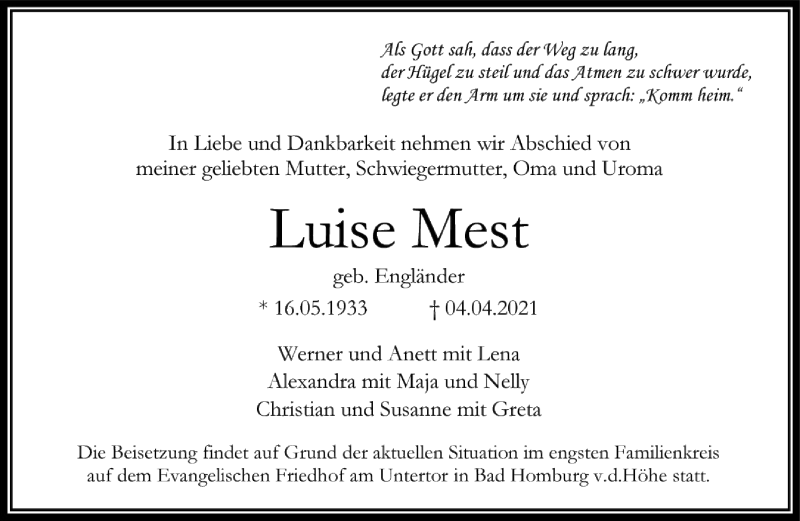  Traueranzeige für Luise Mest vom 10.04.2021 aus FNP