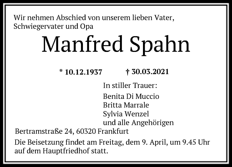  Traueranzeige für Manfred Spahn vom 08.04.2021 aus FNP