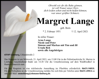 Traueranzeige von Margret Lange von FNP