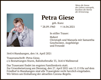 Traueranzeigen von Petra Giese | trauer-rheinmain.de