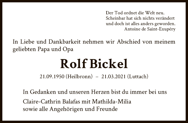  Traueranzeige für Rolf Bickel vom 07.04.2021 aus FNP