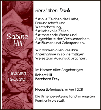 Traueranzeige von Sabine Hill von FNP