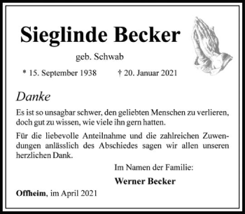 Traueranzeige von Sieglinde Becker von FNP